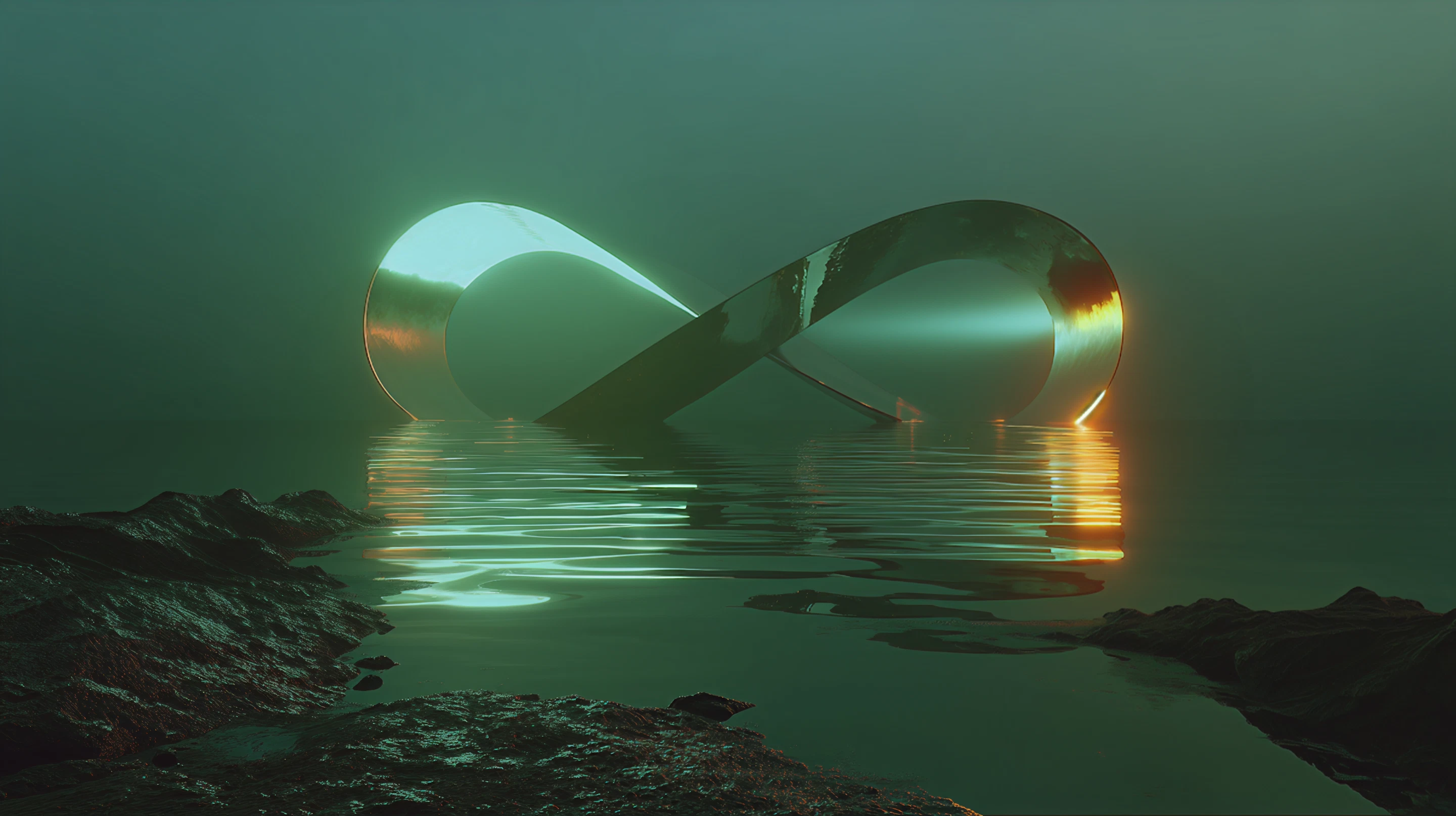Abstract loop sculpture over water in emerald tones
